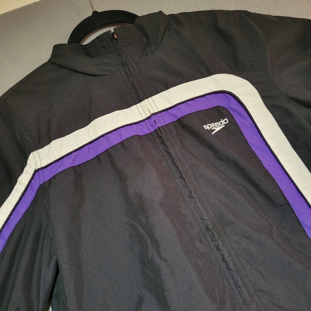 Vintage Speedo Mens Sz M Black Purple White Striped Full Zip Windbreaker Jacket